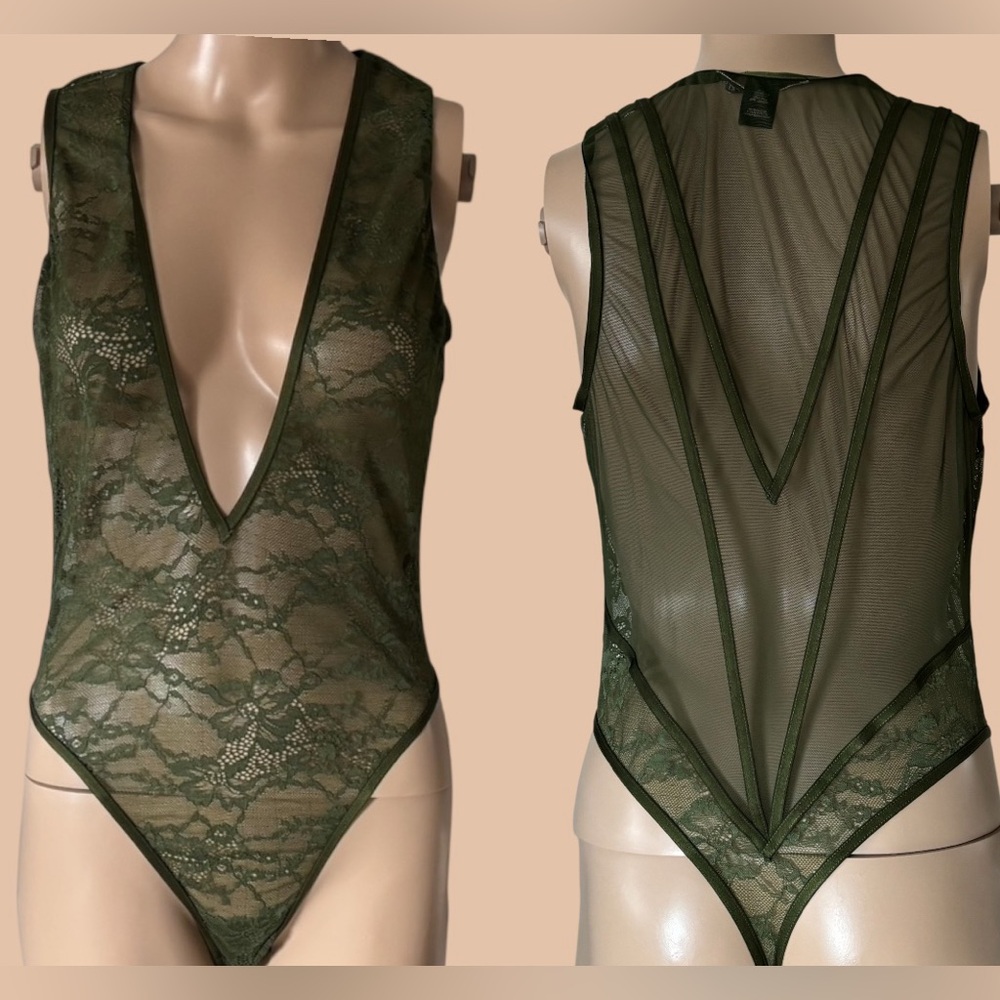👛 (ANY 2/$30) VICTORIA’S SECRET Sheer Green Lace Thong Teddy Bodysuit